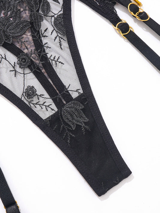 Women's Embroidered leopard print mesh underwear Lingerie Four-piece set