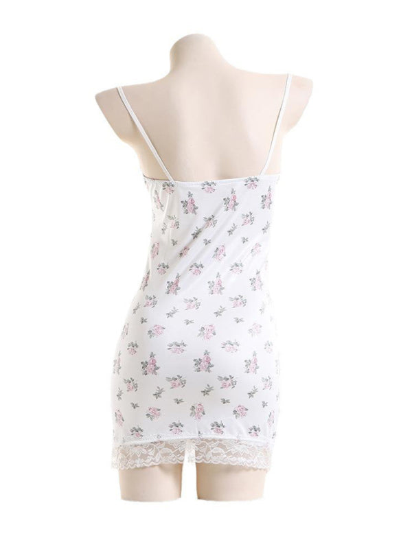 Women's floral contrasting lace stitching  low-cut suspender Nightdress