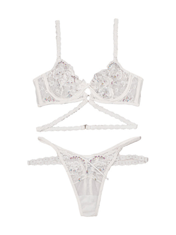 Women's floral Embroidered Lingerie set lace Thong bra Three-piece set with underwire