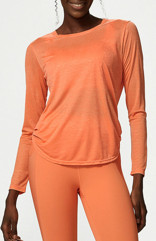 Women's Round Neck Curved Hem Long Sleeve Sports Top Quick Dry Breathable Yoga Cover Up