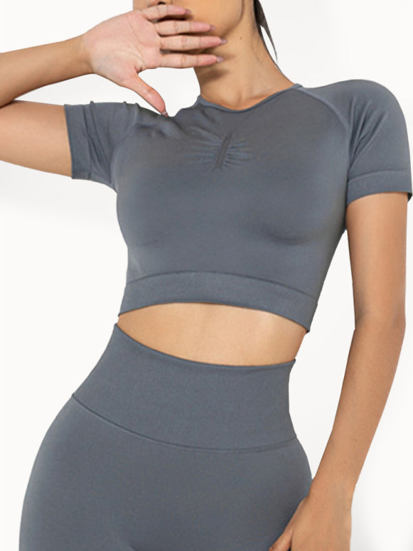Women's Quick-drying high-waisted Hip seamless knit short-sleeved Two-piece set