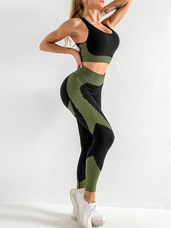 Women's Halter Neck Yoga Tank Top and High Waist Tight Yoga Pants Leggings Two-Piece Set