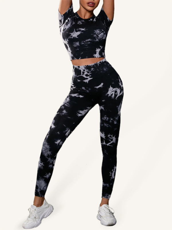 Women's seamless tie-dye sports yoga short-sleeved and trousers two-piece suit