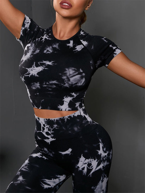 Women's seamless tie-dye sports yoga short-sleeved and trousers two-piece suit