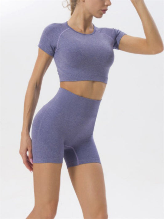 Women's Solid Colour Quick Dry Seamless Yoga Short Sleeve and Shorts Two-Piece Set