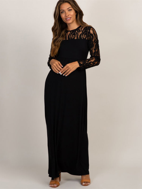 Women’s Adorned Neckline and Long Sleeves Maxi Maternity Dress