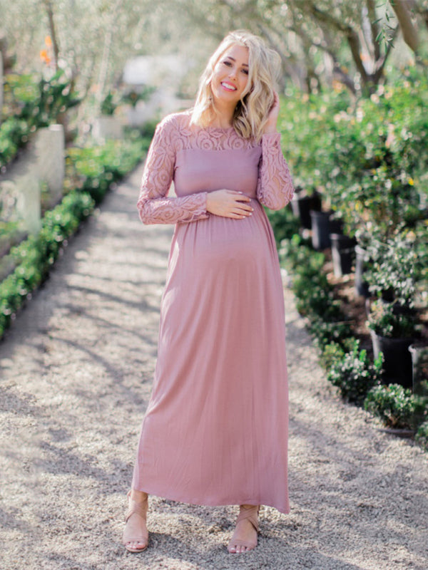 Women’s Adorned Neckline and Long Sleeves Maxi Maternity Dress