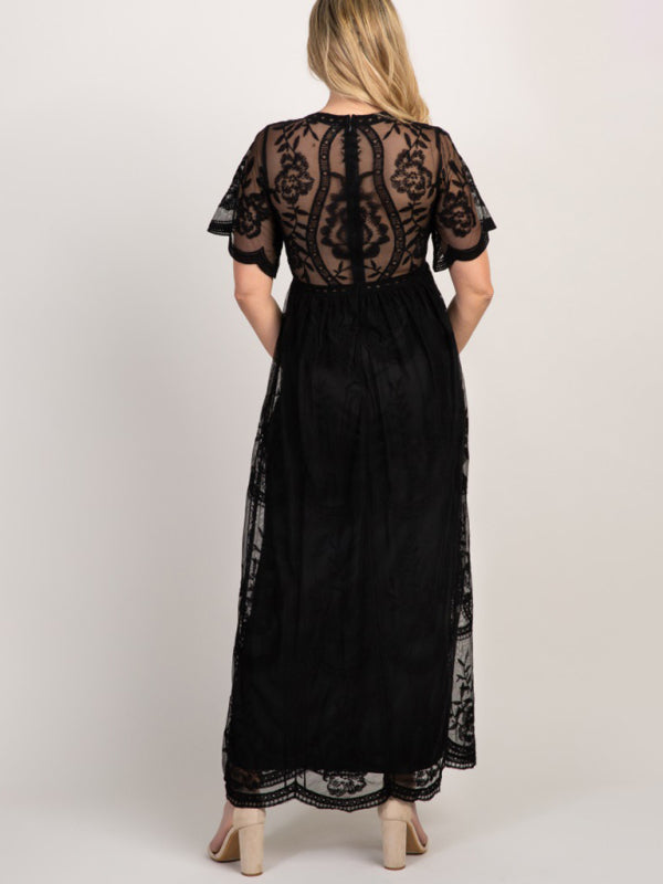 Maternity Short-sleeved V-neck lace long Dress