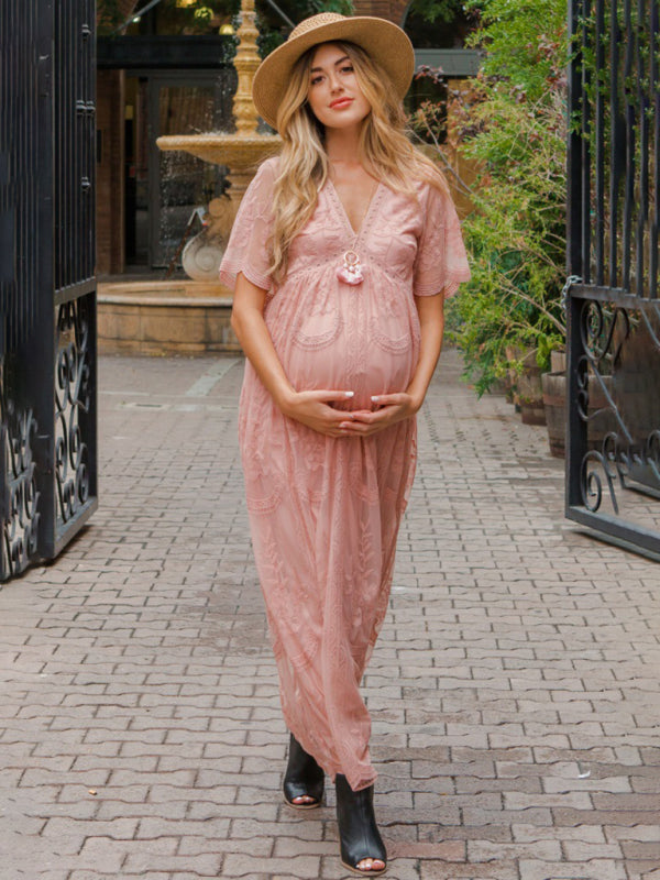 Maternity Short-sleeved V-neck lace long Dress