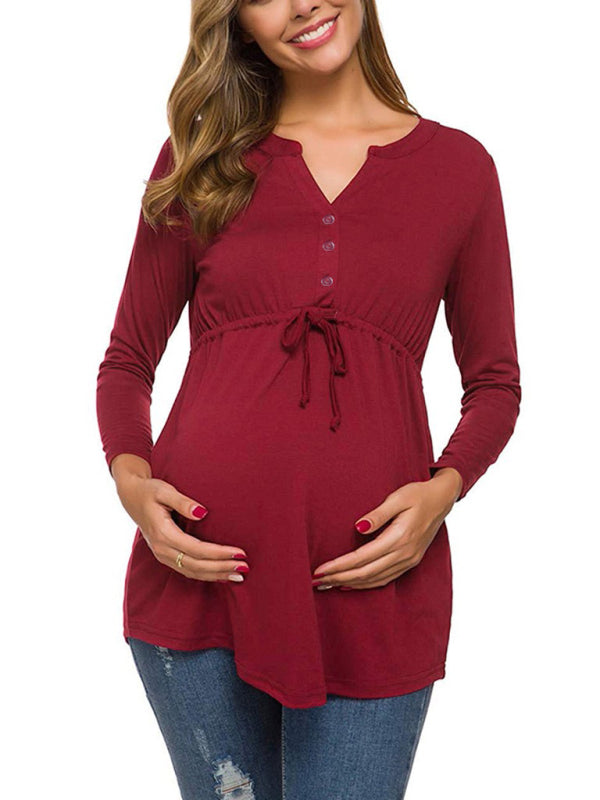 Maternity Drawstring Button half cardigan long-sleeve Top