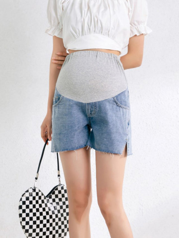 Women's Maternity side slit belly support denim shorts