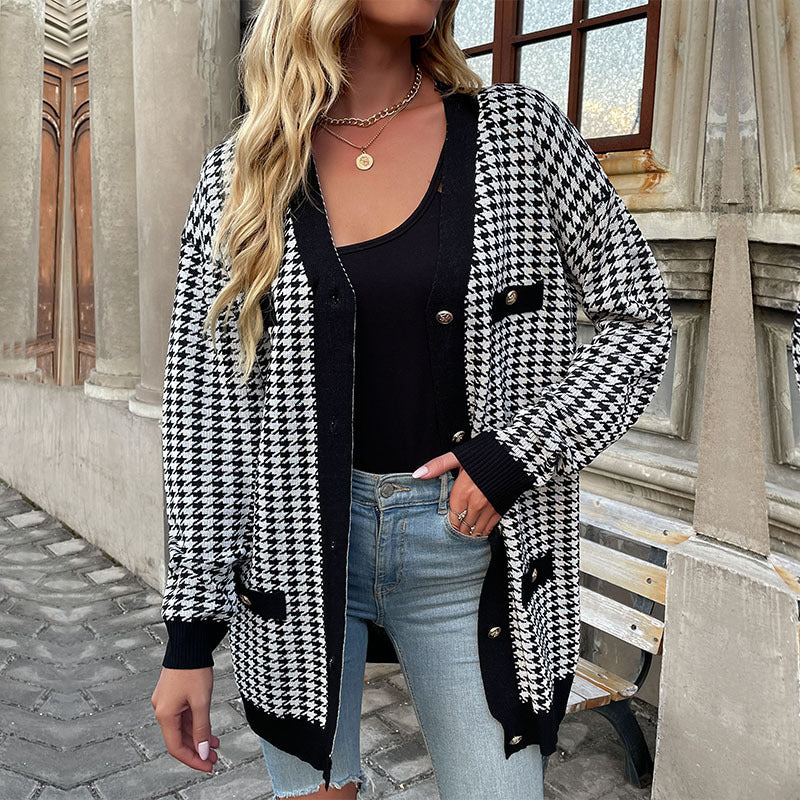 Women's Coat Long Sleeve Houndstooth Mid Length Sweater Cardigan