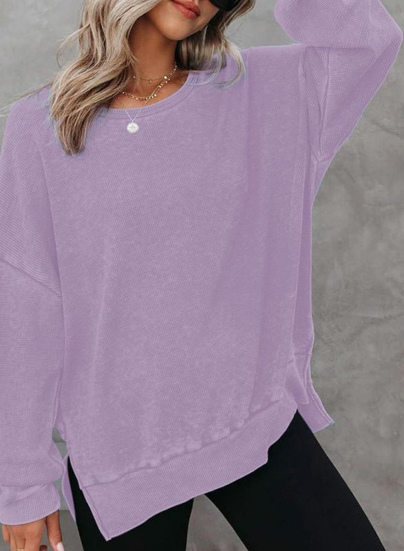 Women's Round neck long sleeve side slit waffle knit Top