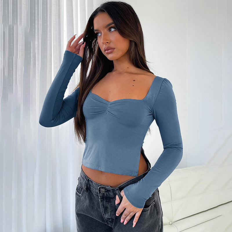 Women's Square Neck Long Sleeve Gathered Side Slit Top