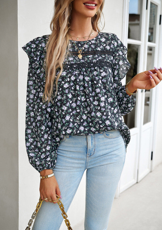 Women's Round Neck floral long-sleeved Top