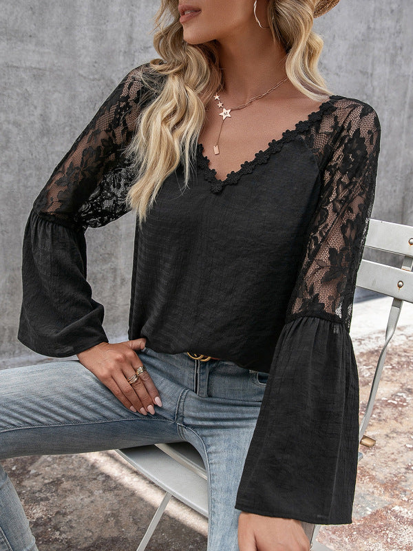 Women's Splicing Hollow V-neck long-sleeved Blouse