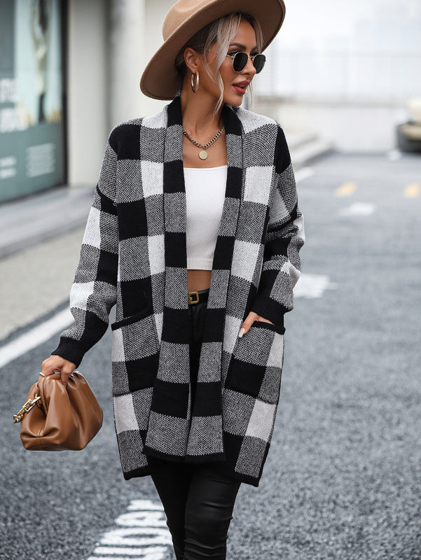 Women's Loose Plaid Colour Block Knit Cardigan