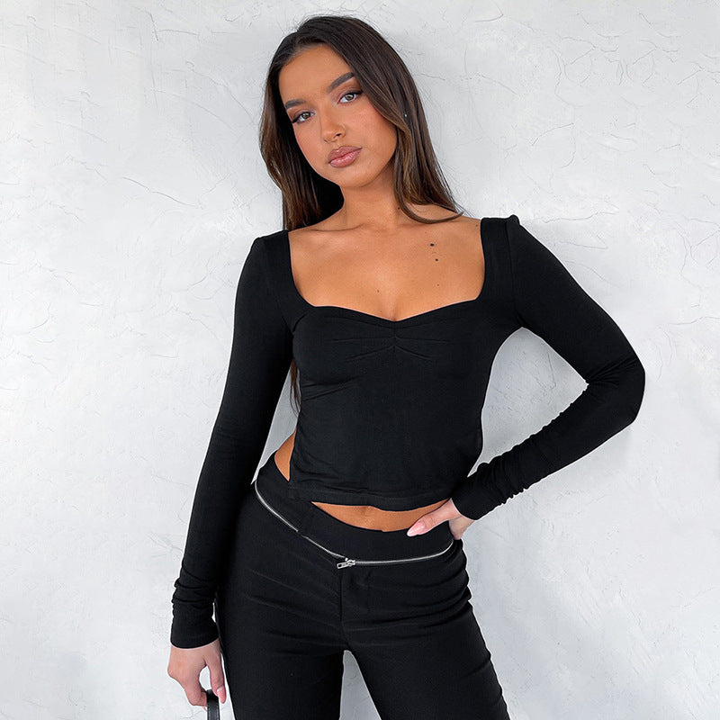 Women's Square Neck Long Sleeve Gathered Side Slit Top