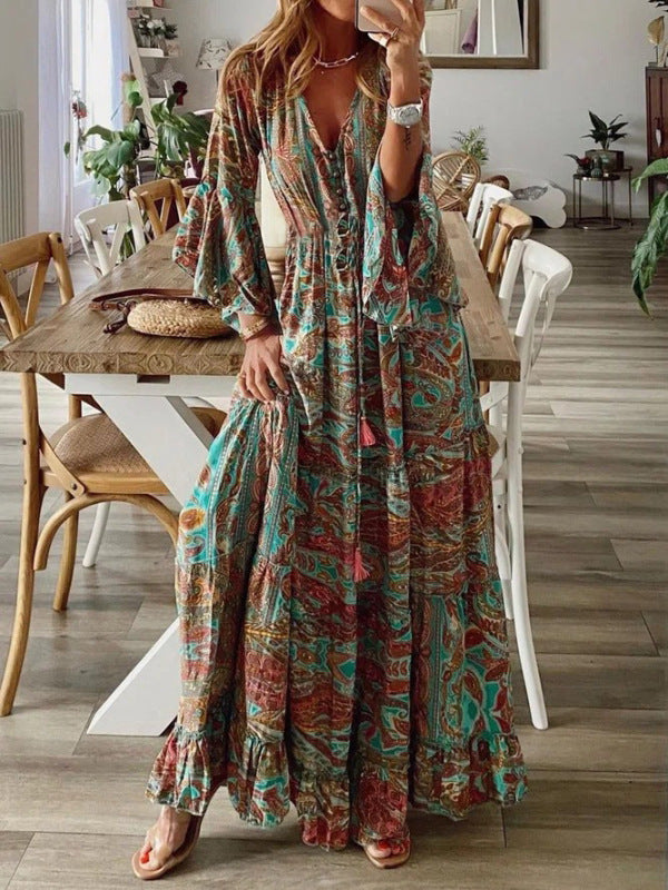 Women's Bohemian Style Trumpet Sleeve Printed V-neck High Waist Floral Dress