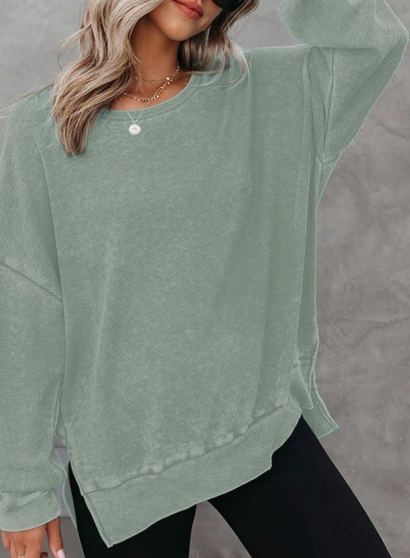 Women's Round neck long sleeve side slit waffle knit Top