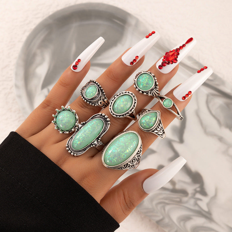 Alkablan Style Retro Inlaid Turquoise carved Feather 8-piece Combination Ring Set